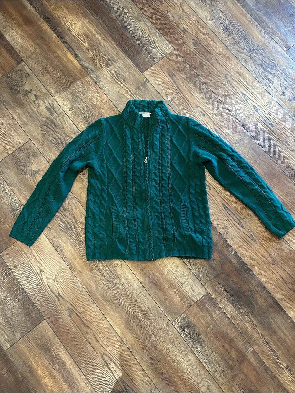 Liz Claiborne Emerald Green Cable Knit Zip Front Sweater
